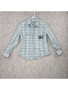 Flowers Womens Button Down Green Plaid Shirt Size M Floral Accents Slim Fit